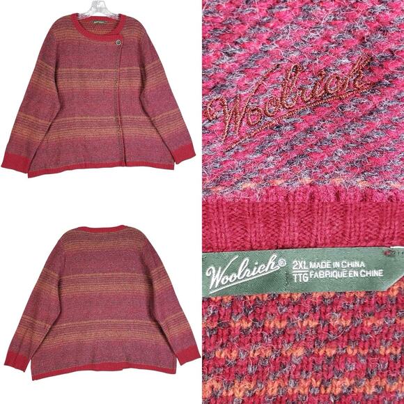 Woolrich Sweater Women’s Size 2XL Red Crewneck Striped Lambswool Long Sleeve - Picture 1 of 10